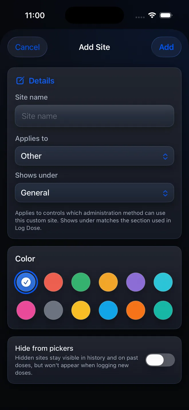 PeptideCalc Add Site sheet with site name and organization controls
