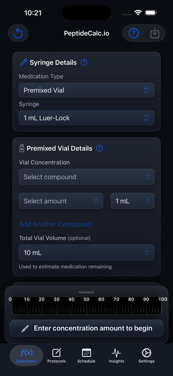 Premixed Vial Details fields in PeptideCalc