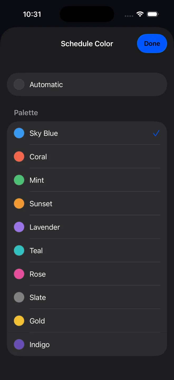 PeptideCalc Schedule Color picker showing Automatic and 10 preset colors