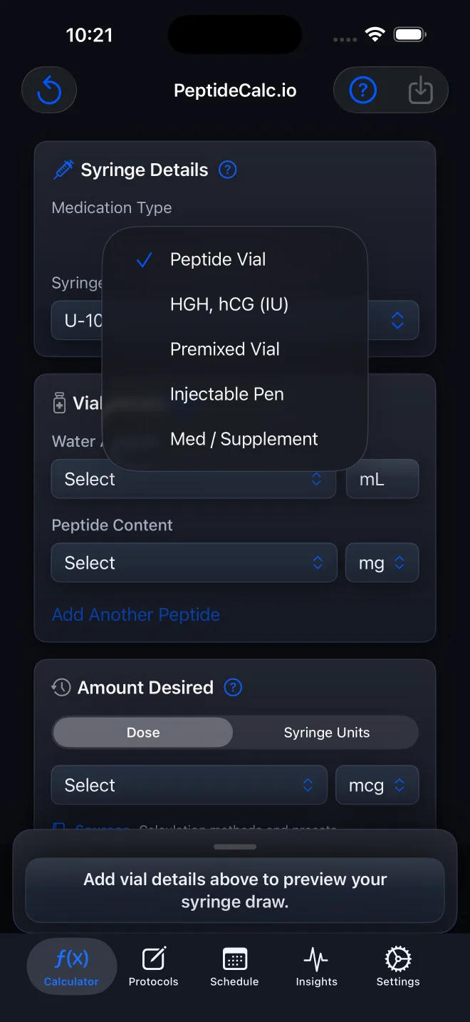 Medication Type menu in PeptideCalc with five calculator options