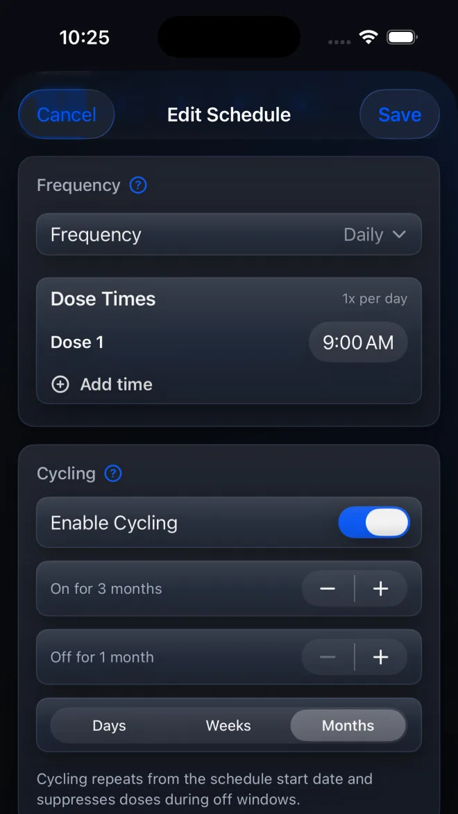 Enable Cycling controls in a PeptideCalc schedule
