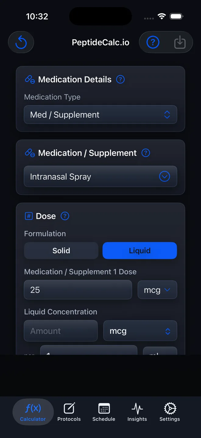 PeptideCalc liquid Medication and Supplement setup named Intranasal Spray