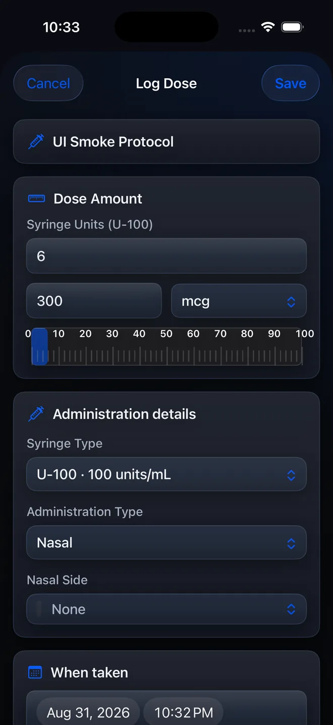 PeptideCalc Log Dose sheet with Administration Type set to Nasal and the Nasal Side field visible