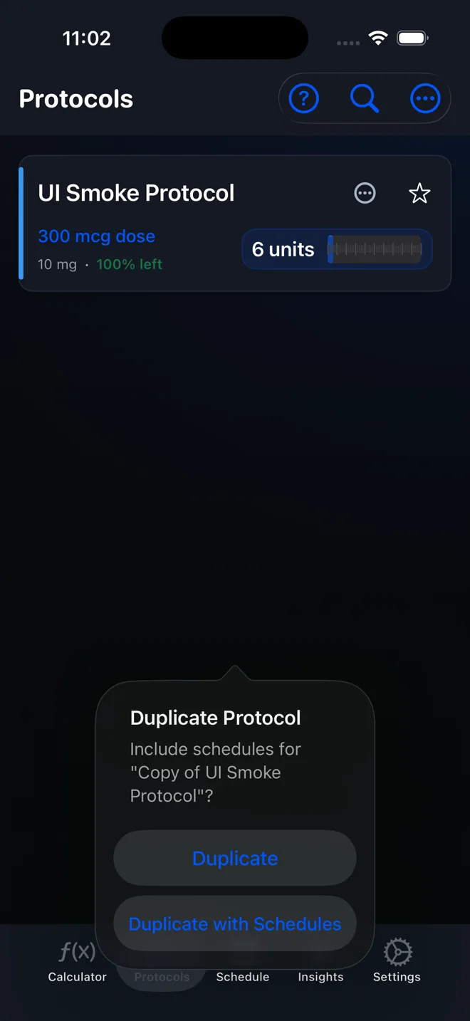 PeptideCalc Duplicate Protocol choices for copying a protocol with or without schedules