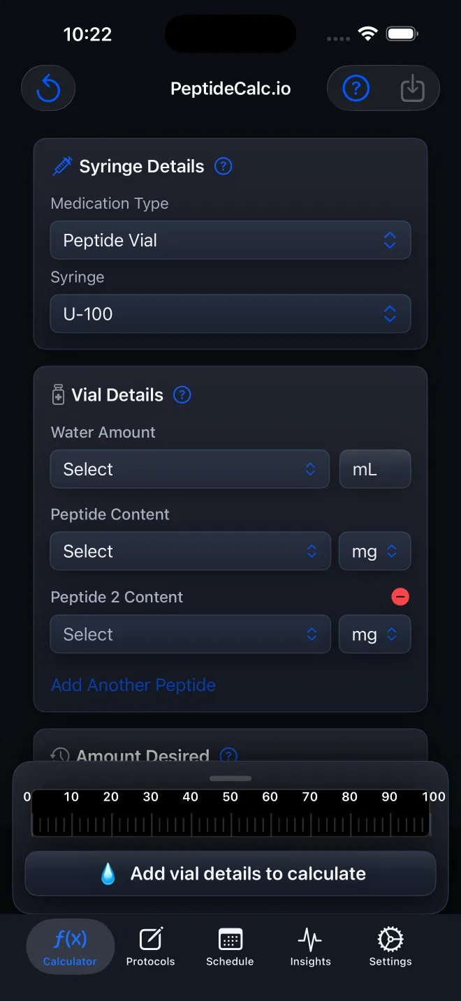 PeptideCalc vial details with a second peptide content field