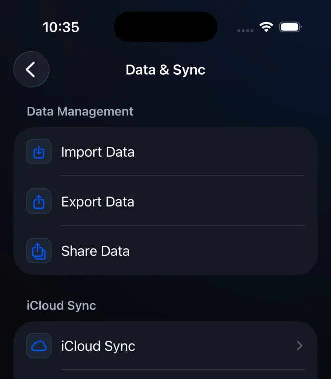 PeptideCalc Data and Sync screen with Import Data at the top