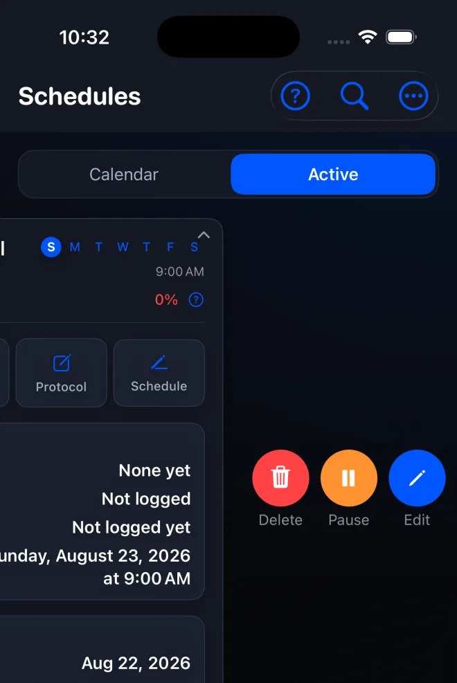 PeptideCalc active schedule row with the Pause swipe action visible
