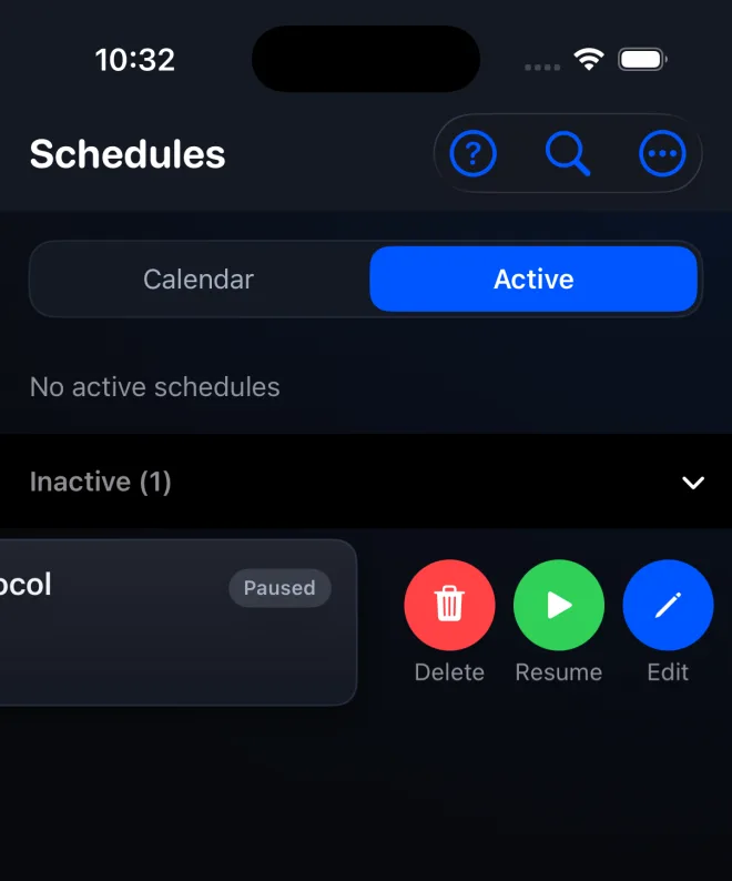 Paused PeptideCalc schedule under Inactive with the Resume swipe action visible