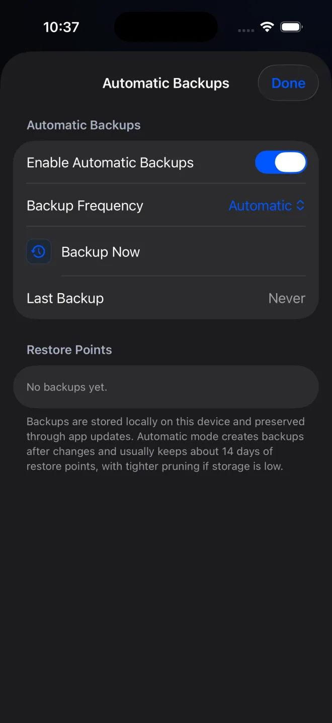 PeptideCalc Automatic Backups screen with the backup switch, Backup Now, and Restore Points