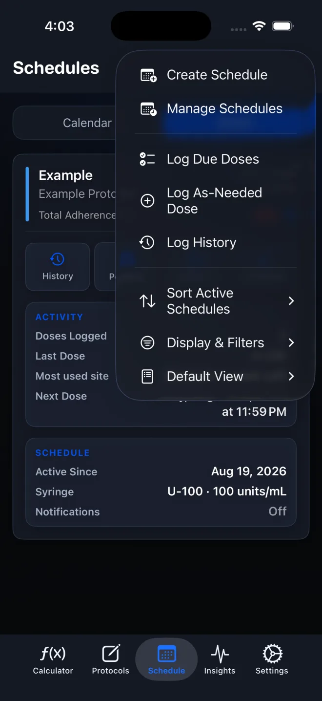 PeptideCalc Schedule options menu with Log History between Log As-Needed Dose and Display and Filters