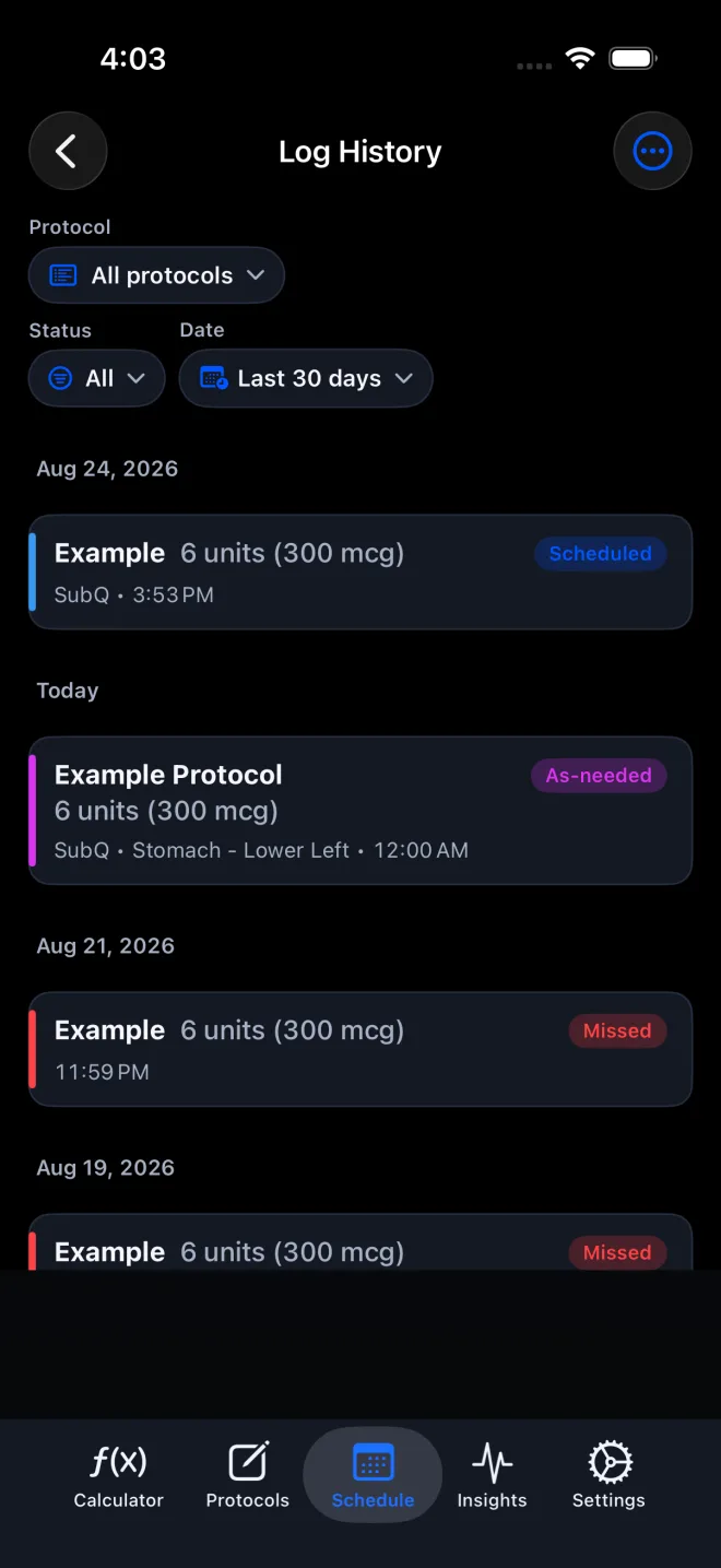 PeptideCalc Log History showing All protocols, status and date filters, and example scheduled, as-needed, and missed records