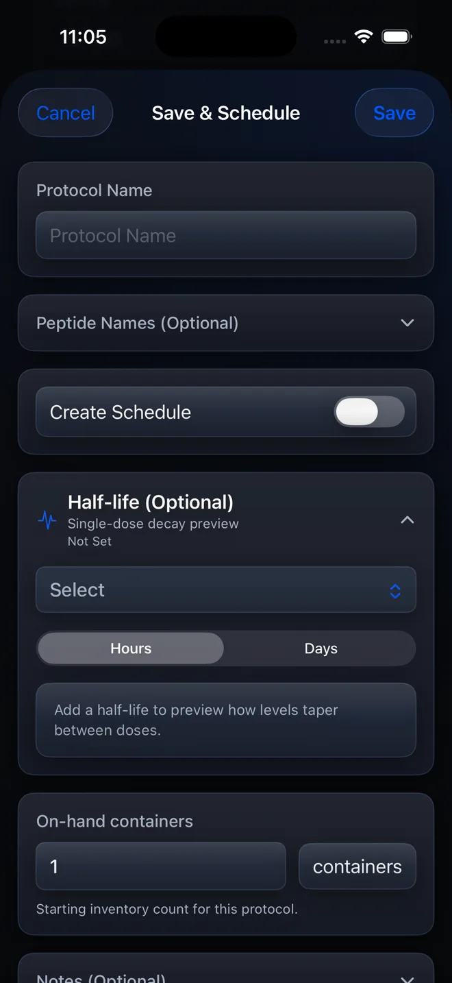 PeptideCalc Save and Schedule sheet with Protocol Name and Create Schedule controls