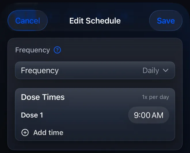 Dose Times editor in a PeptideCalc daily schedule