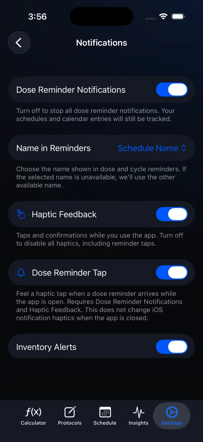PeptideCalc Notifications screen with Dose Reminder Notifications on and Schedule Name selected for reminders