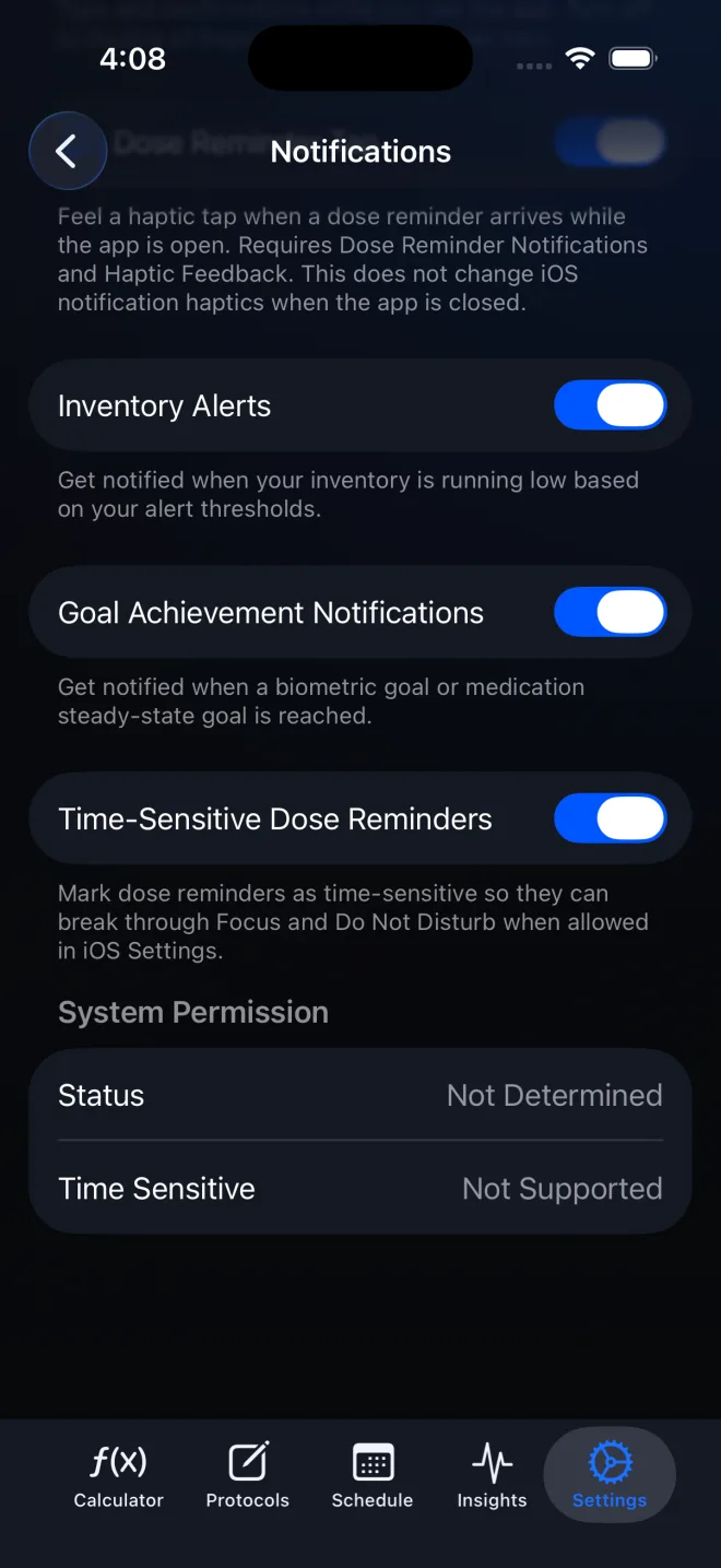 PeptideCalc Notifications screen with Time-Sensitive Dose Reminders and System Permission status