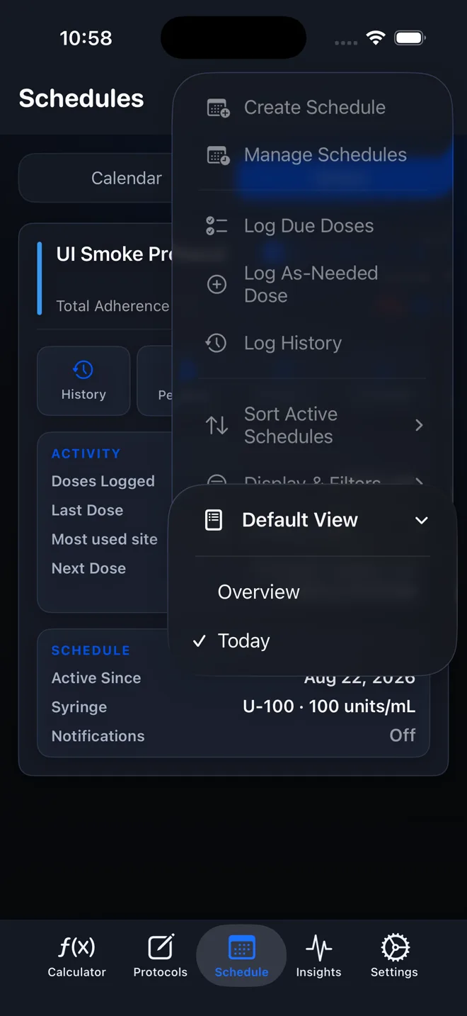 PeptideCalc Schedule options menu with Default View choices Overview and Today