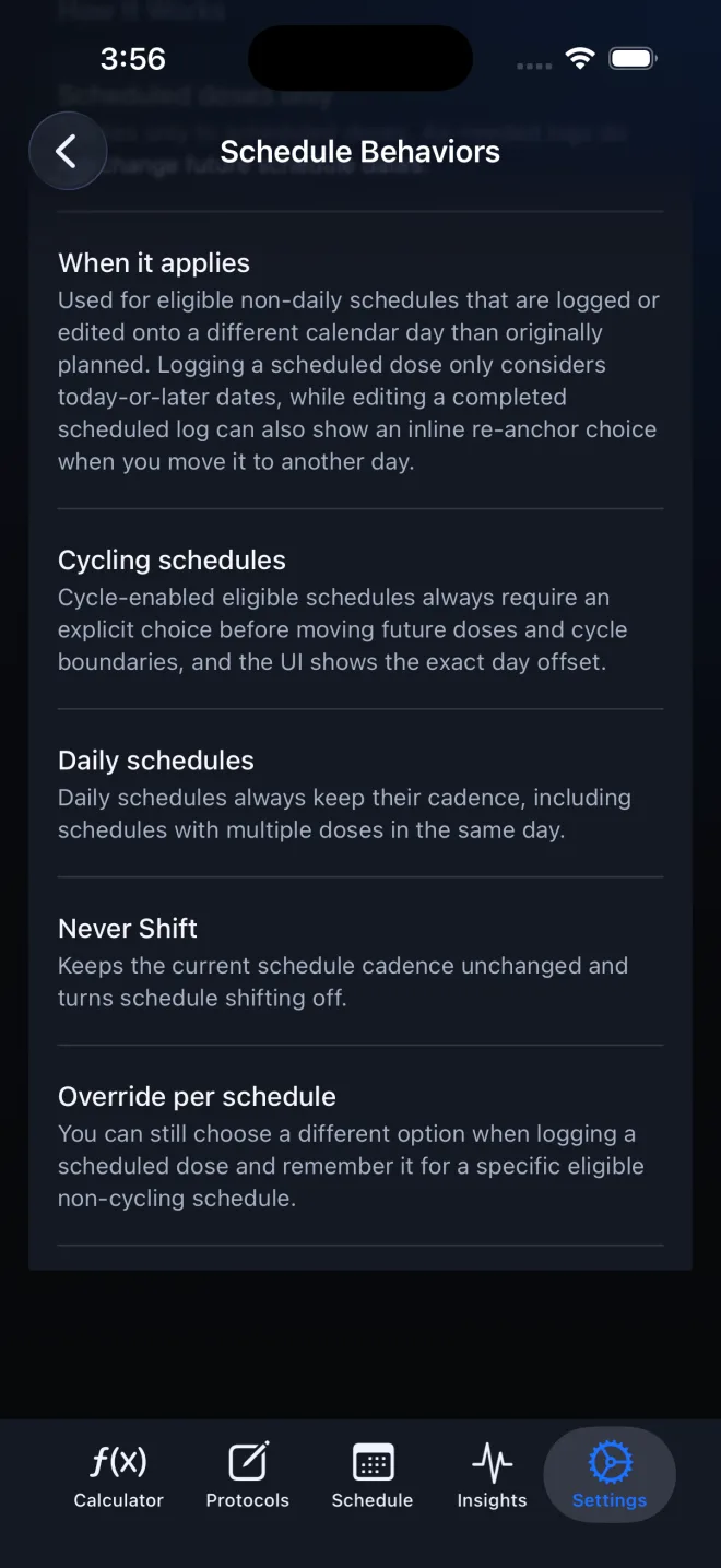 Schedule Behaviors conditions covering off-date logs, cycling schedules, daily schedules, and per-schedule overrides
