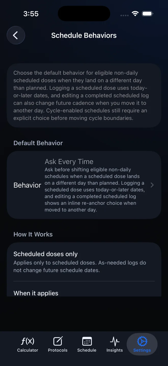 Schedule Behaviors settings with Ask Every Time selected as the default behavior