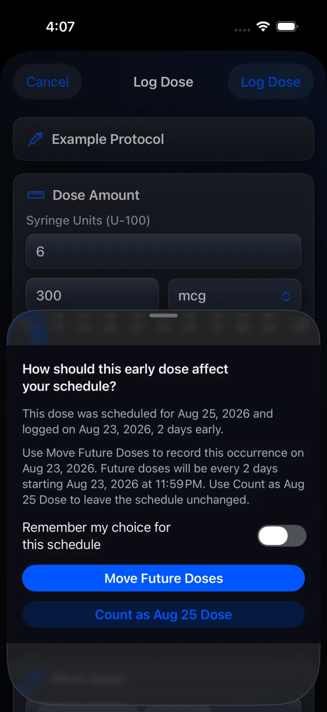 Example PeptideCalc early-dose prompt with Move Future Doses and Count as scheduled date choices