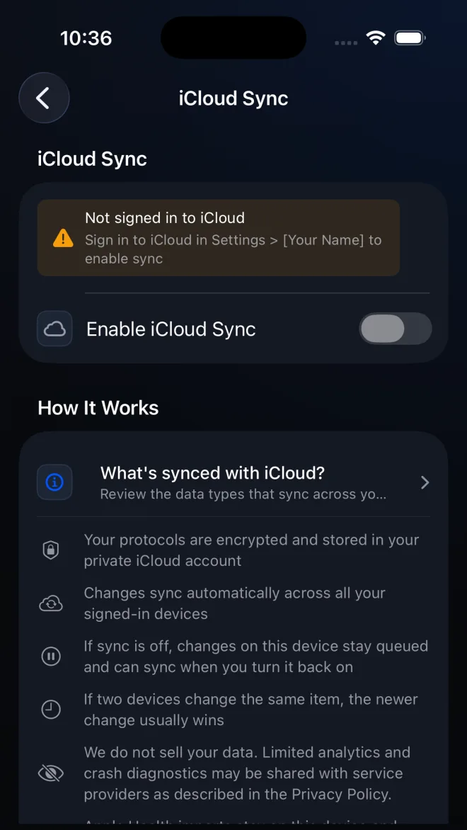 PeptideCalc iCloud Sync screen showing the Enable iCloud Sync switch and sync behavior