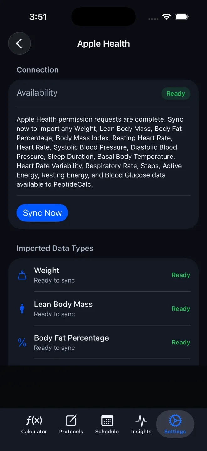 PeptideCalc Apple Health screen with Ready status, Sync Now, and Imported Data Types