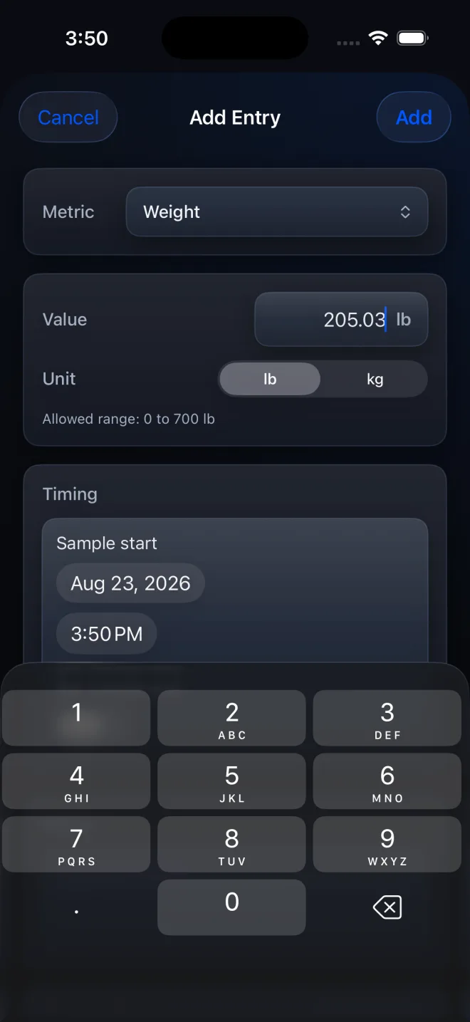 PeptideCalc Add Entry sheet with Weight, Value, unit, and sample timing controls