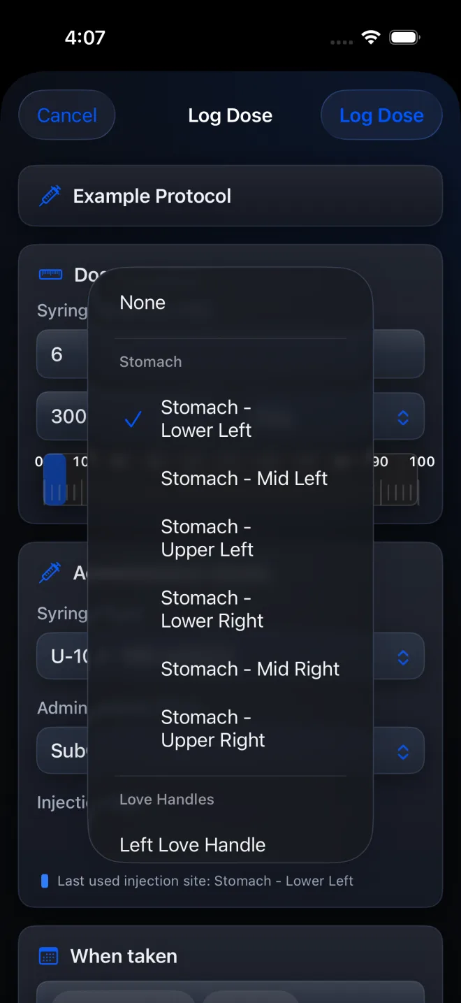 Example Log Dose sheet with the Injection Site menu open and a Last used injection site line beneath it