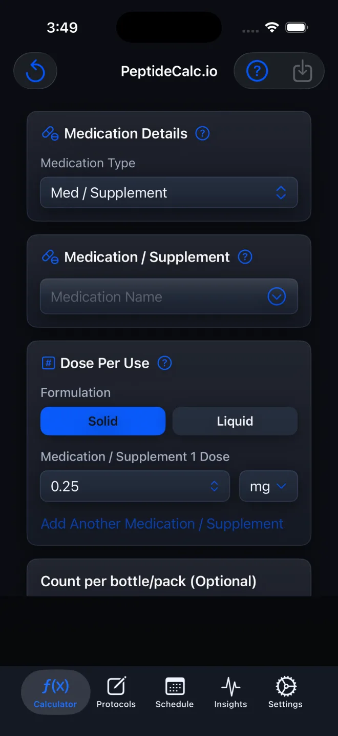 PeptideCalc Medication and Supplement workflow with Solid selected, a dose field, and optional bottle or pack count