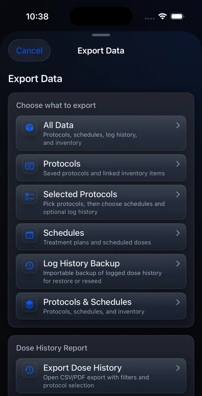 PeptideCalc Export Data screen with All Data, Protocols, Schedules, and log history choices