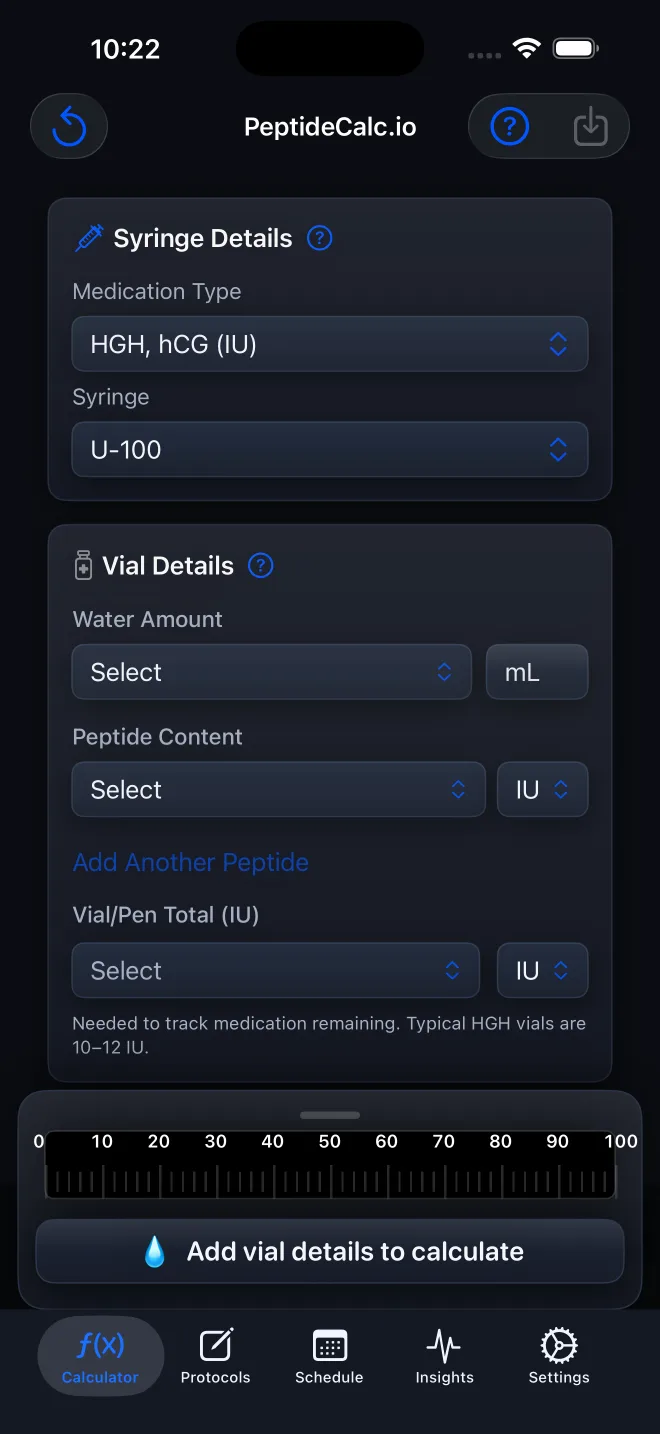 PeptideCalc Vial Details fields in HGH and hCG IU mode