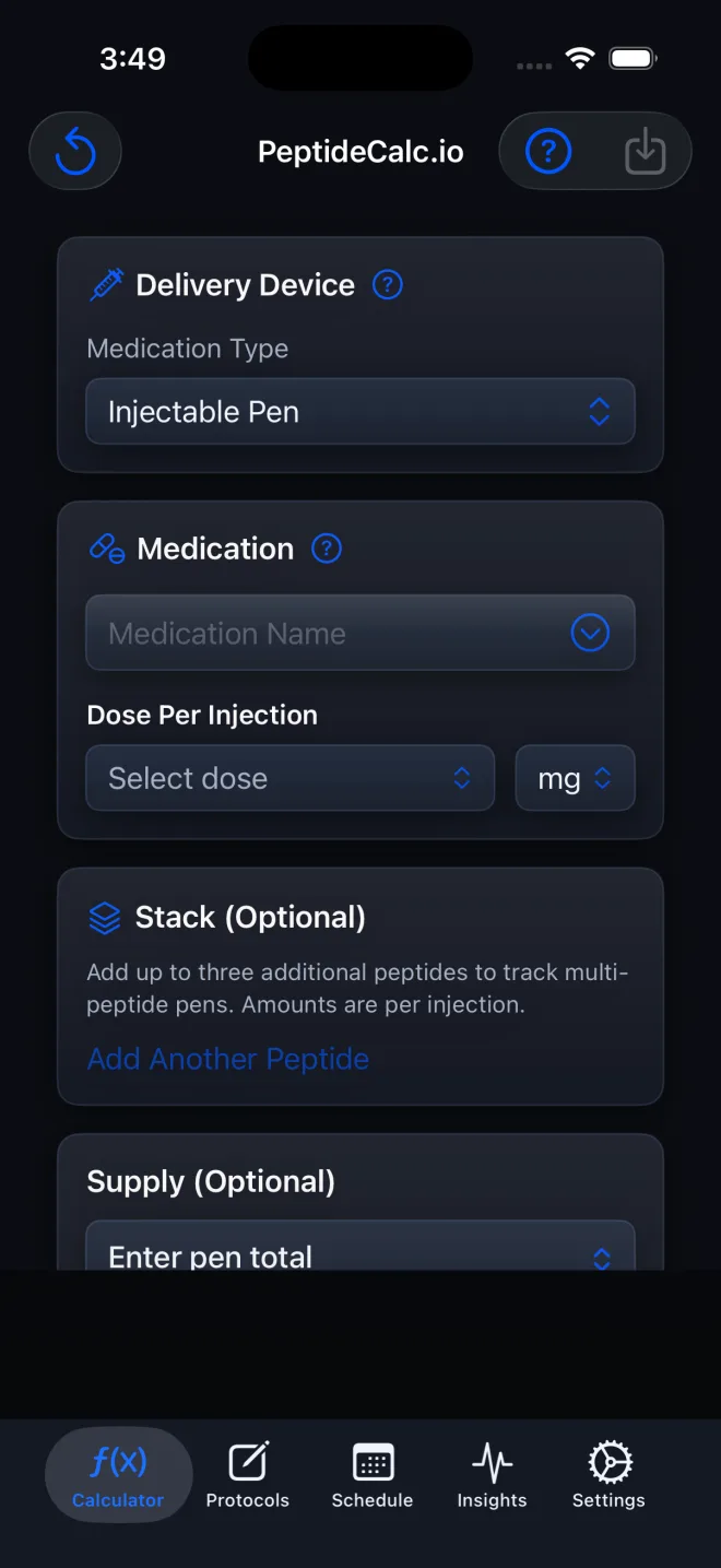 PeptideCalc Injectable Pen workflow with medication selection, Dose Per Injection, optional stack, and supply fields