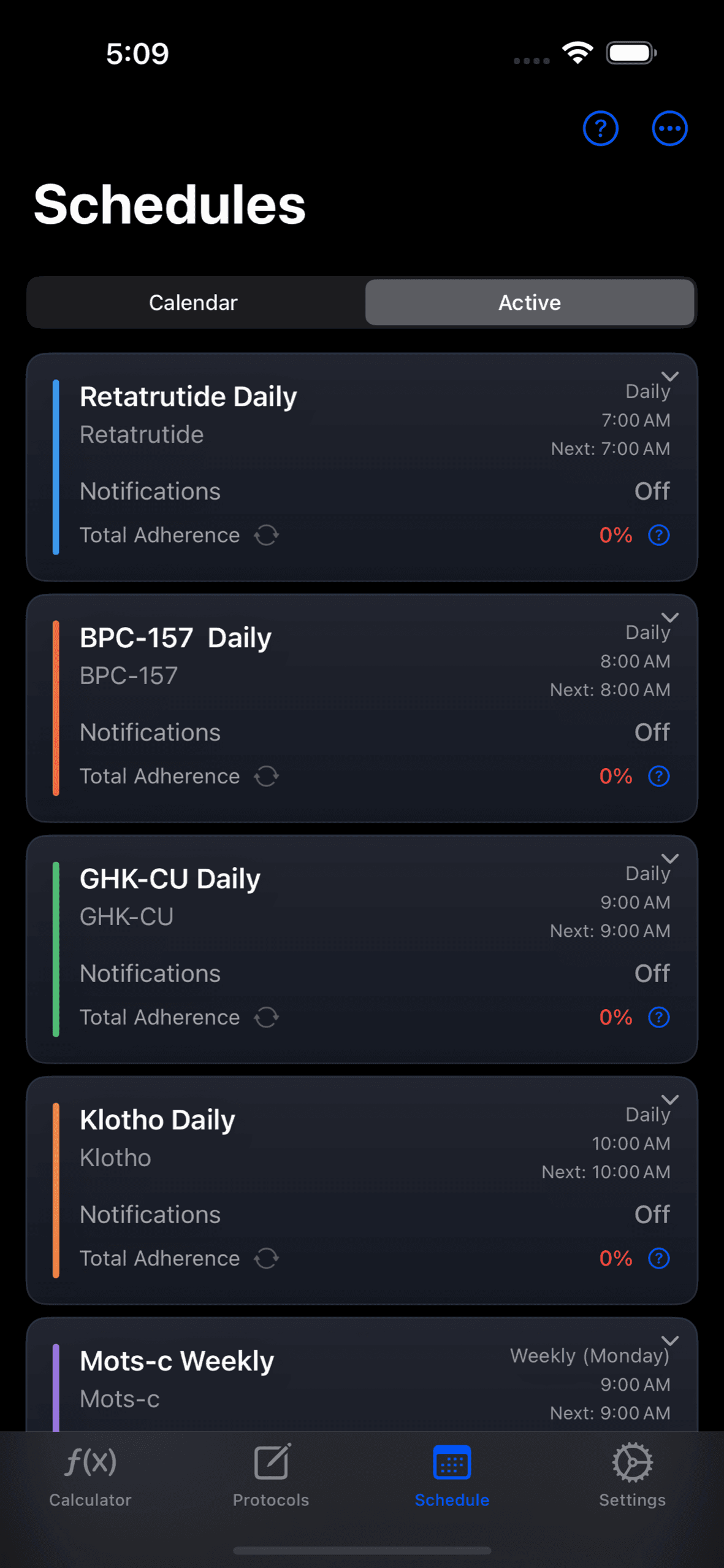 PeptideCalc.io schedule list
