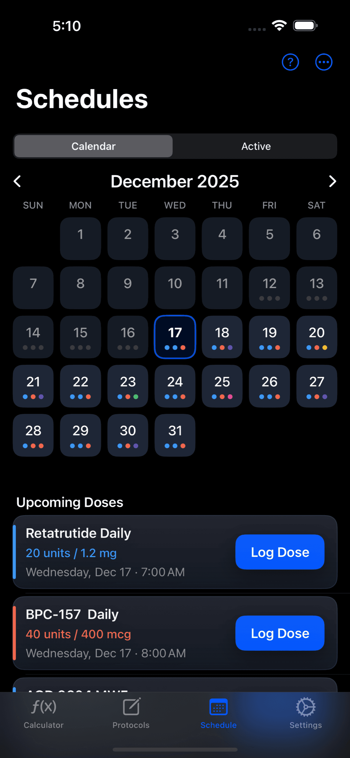 PeptideCalc Calendar schedule view with dose cards