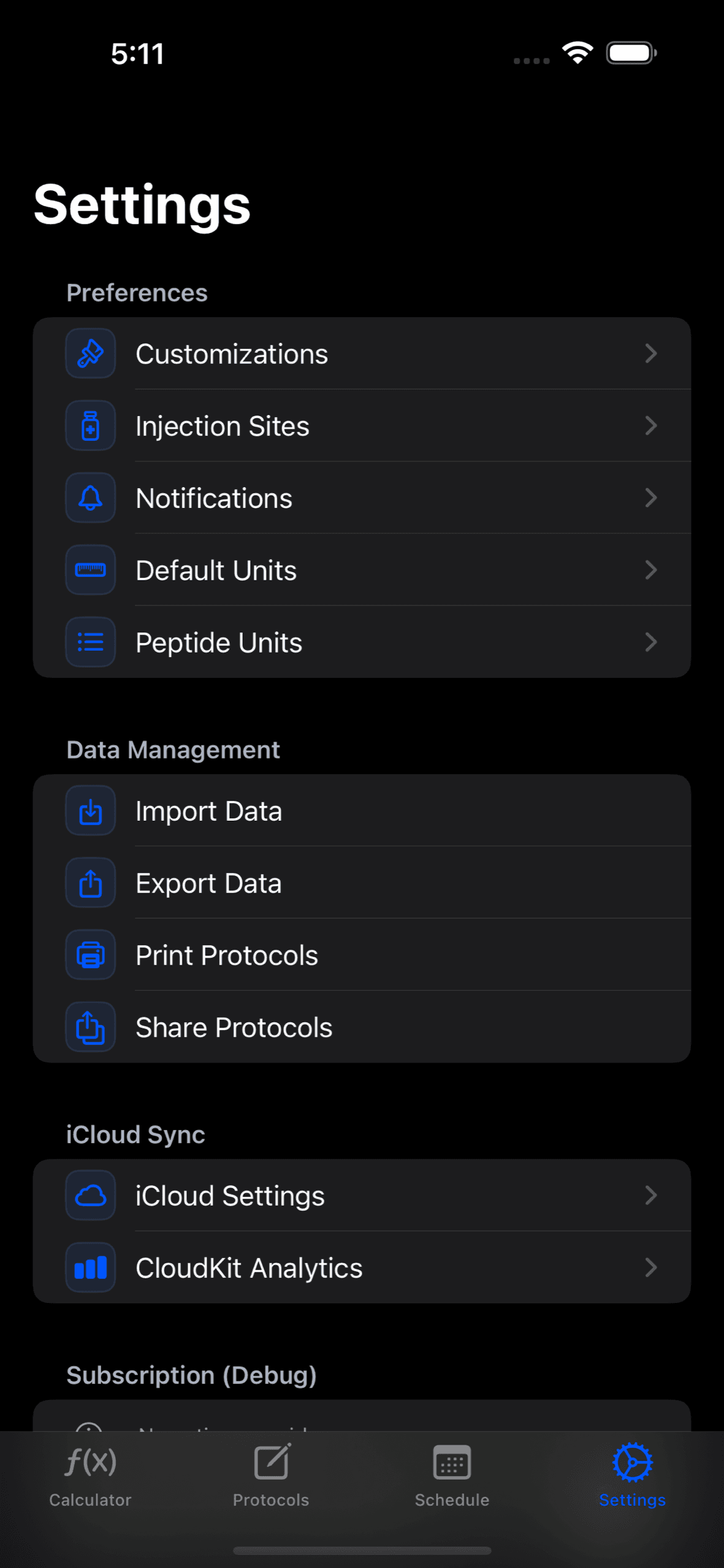 PeptideCalc Settings screen showing the Import Data option