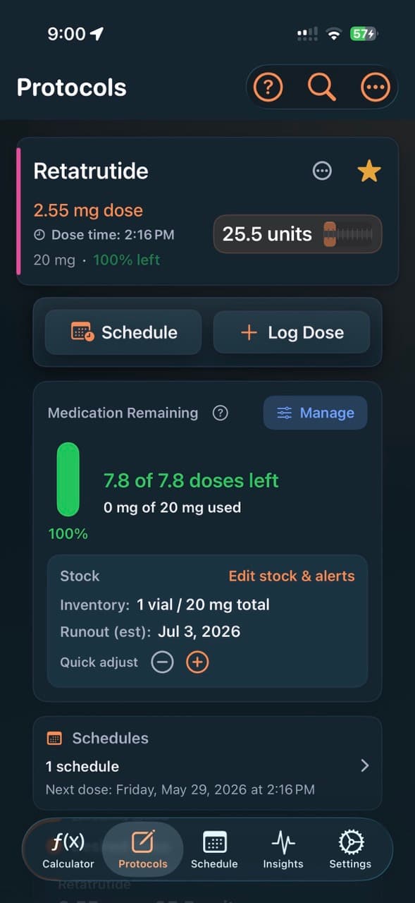 PeptideCalc protocol detail showing medication remaining, stock on hand, and an estimated runout date