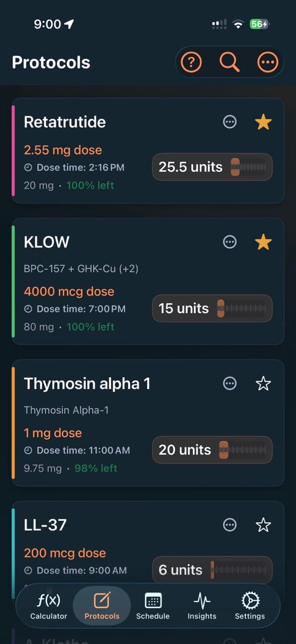 PeptideCalc iOS protocols screen with Retatrutide, KLOW, Thymosin alpha 1, and LL-37 saved protocols