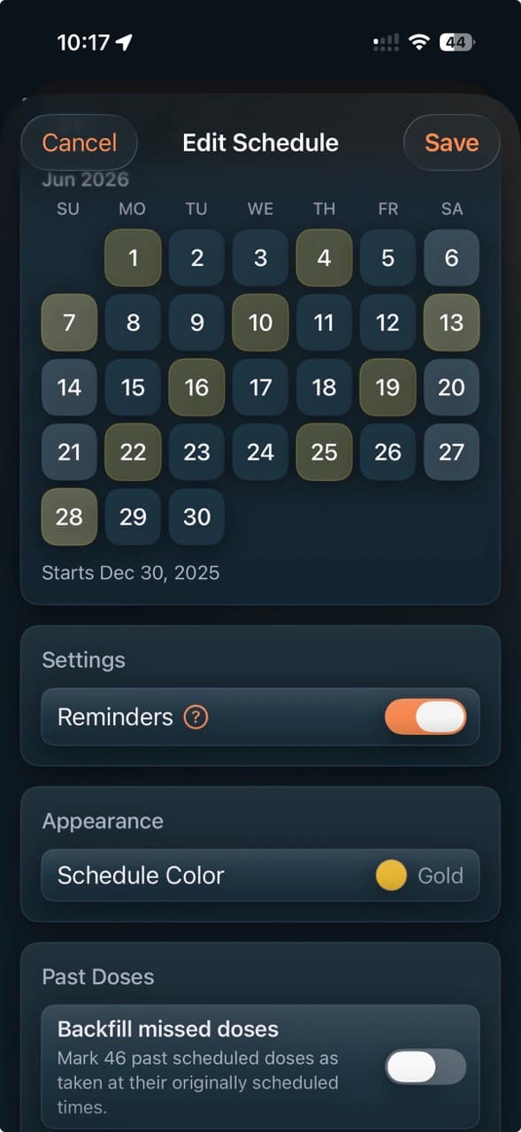 PeptideCalc edit schedule preview showing calendar dates, reminders, schedule color, and backfill missed doses options