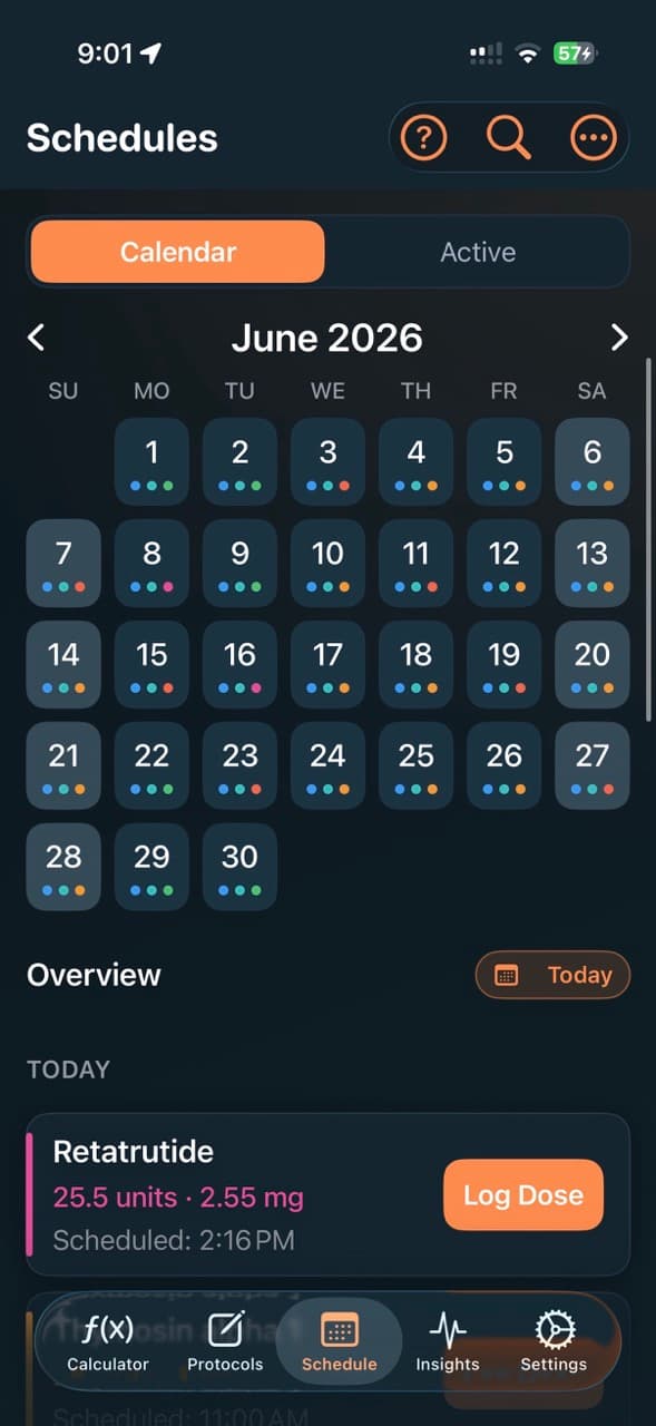 PeptideCalc schedules calendar showing peptide dose reminders and upcoming Retatrutide doses