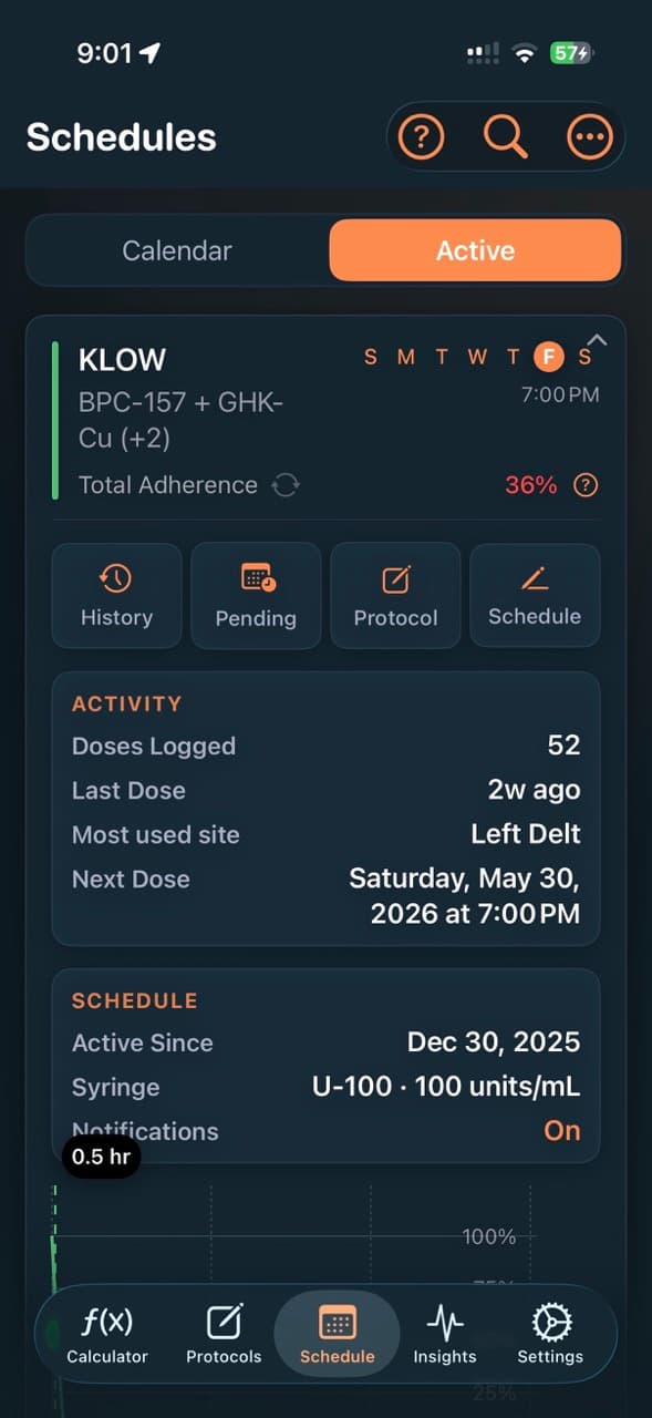 PeptideCalc expanded active schedule with dose history, pending doses, protocol action, schedule action, and next dose details