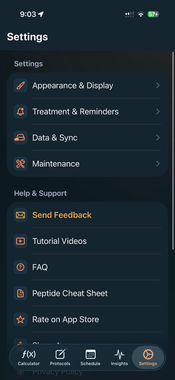 PeptideCalc settings screen for appearance, reminders, data sync, maintenance, support, tutorial videos, FAQ, and App Store rating