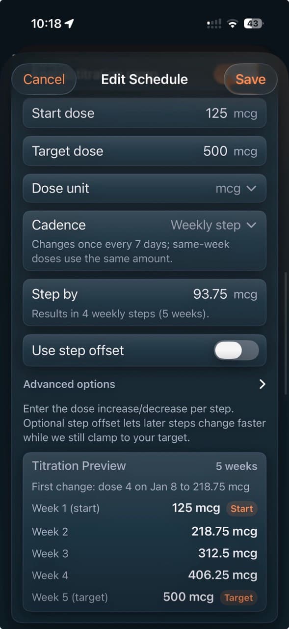 PeptideCalc titration preview showing start dose, target dose, weekly step cadence, and five week dose progression