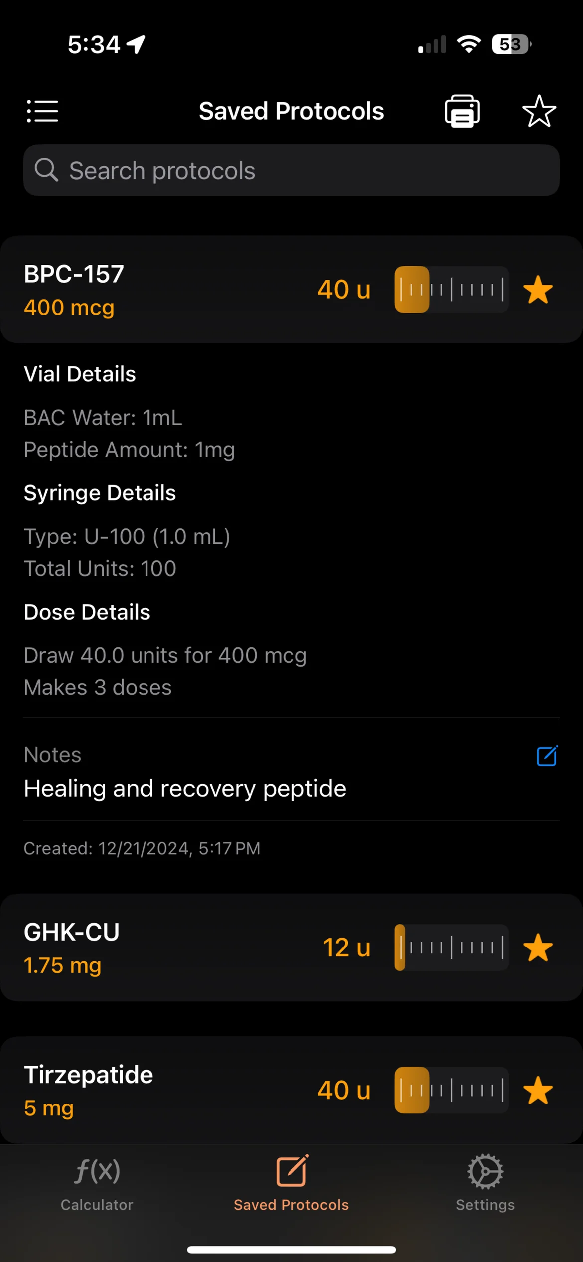 Expanded saved protocol card with Log Dose action in PeptideCalc
