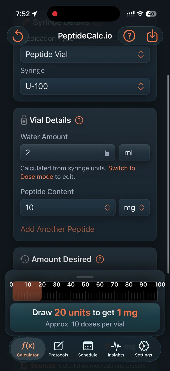PeptideCalc showing a calculated 2 mL Water Amount in Syringe Units mode